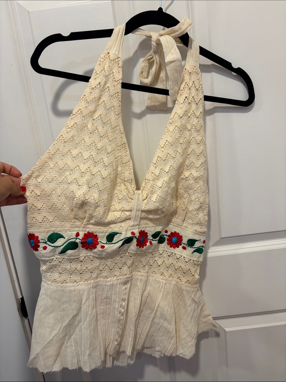 Boho Embroidered Floral Lace Halter Peplum Top Cream Cottagecore Festival XL - Picture 2 of 6